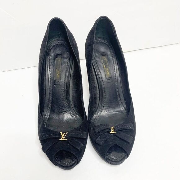 Louis Vuitton 37 7 Pumps Black Suede Peep Toe Stiletto Heels Logo Classic - Picture 3 of 6